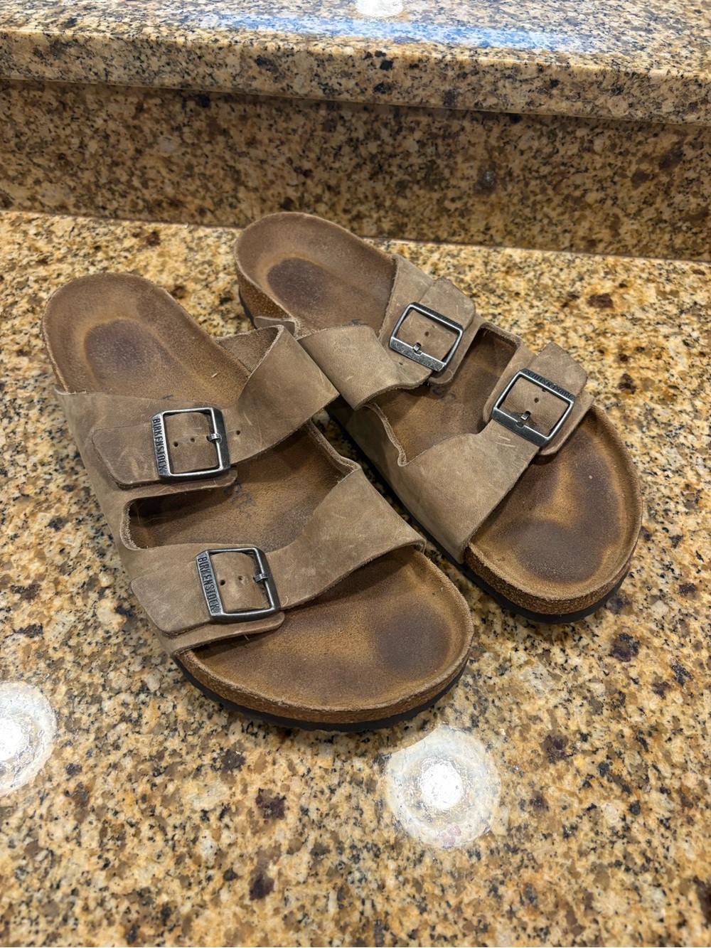 Birkenstock Arizona Men’s Tan Leather Slip on Sandals Size 46 US 13 W Soft Bed